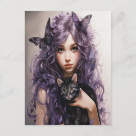 Postal Hermosas Mariposas Purpúreas Hadas Gato Negro