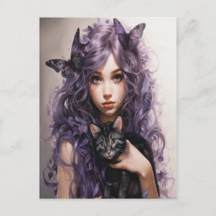 Postal Hermosas Mariposas Purpúreas Hadas Gato Negro