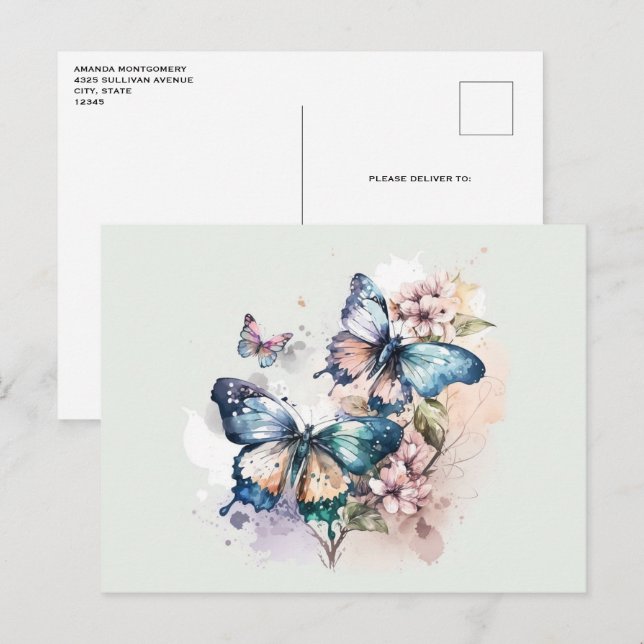 Postal Hermosas mariposas y flores (Anverso / Reverso)
