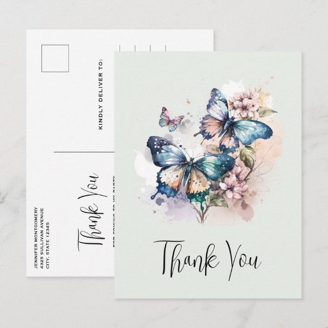 Postal Hermosas Mariposas y Flores Gracias (Anverso / Reverso)