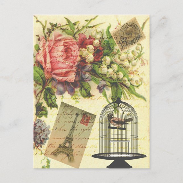 Postal Hermosas rosas de época jovial de la Torre Eiffel (Anverso)