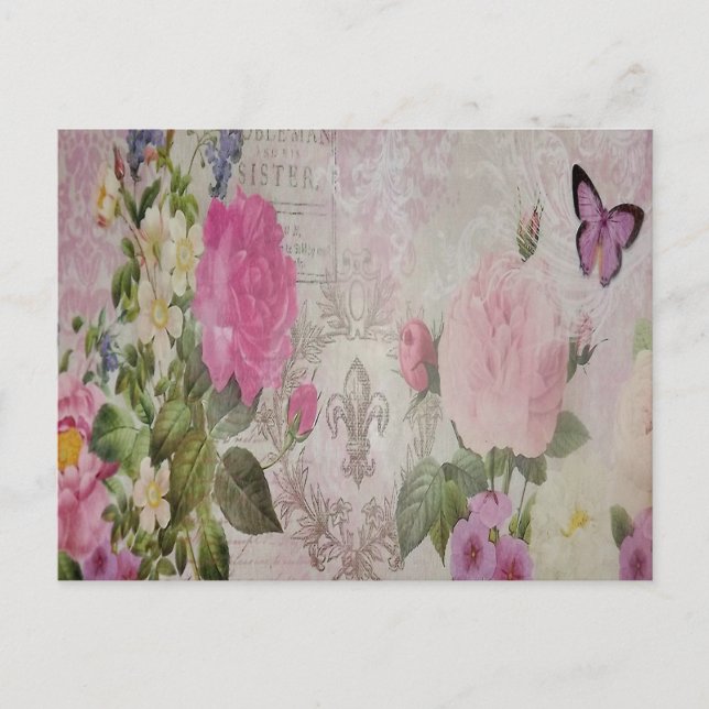 Postal Hermosas rosas vintage mariposa fleur de lis (Anverso)