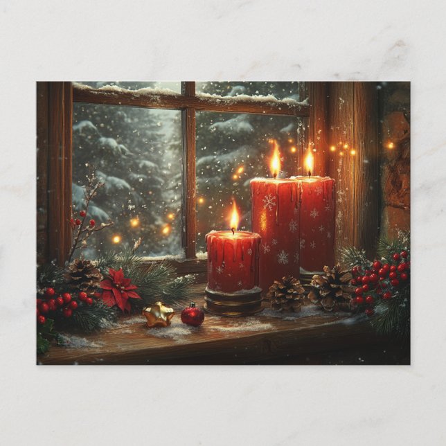 Postal Hermosas velas rojas brillantes piñas bayas (Anverso)