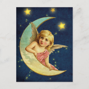 Postal Hermoso ángel celestial victoriano en luna crecien