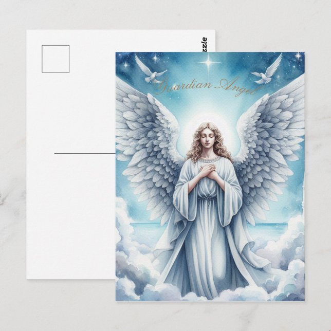 Postal Hermoso Ángel del Guardián Blanco (Anverso / Reverso)