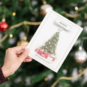 Postal Hermoso Árbol de Navidad acuarela Vacaciones arte