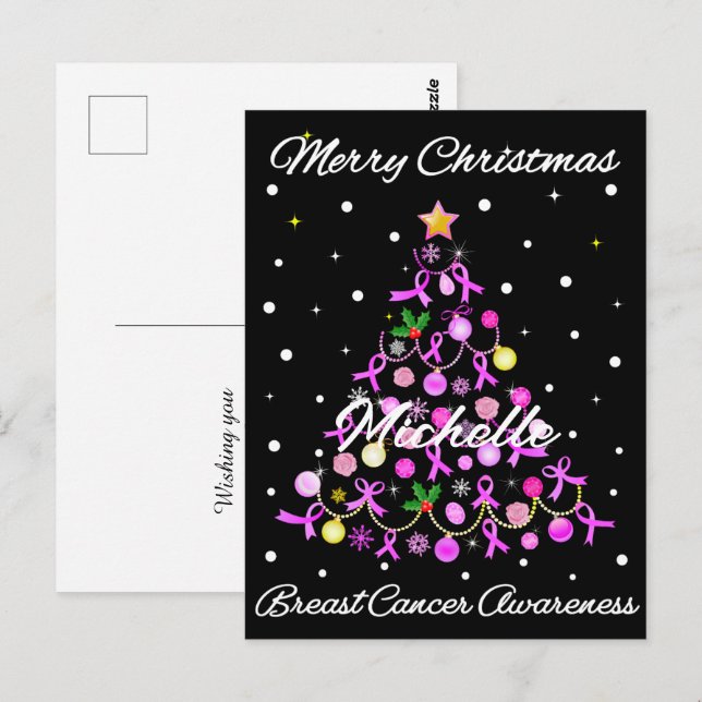 Postal Hermoso árbol de Navidad con cinta rosa (Anverso / Reverso)