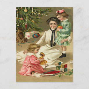 Postal Hermoso árbol de Navidad de la familia victoriana