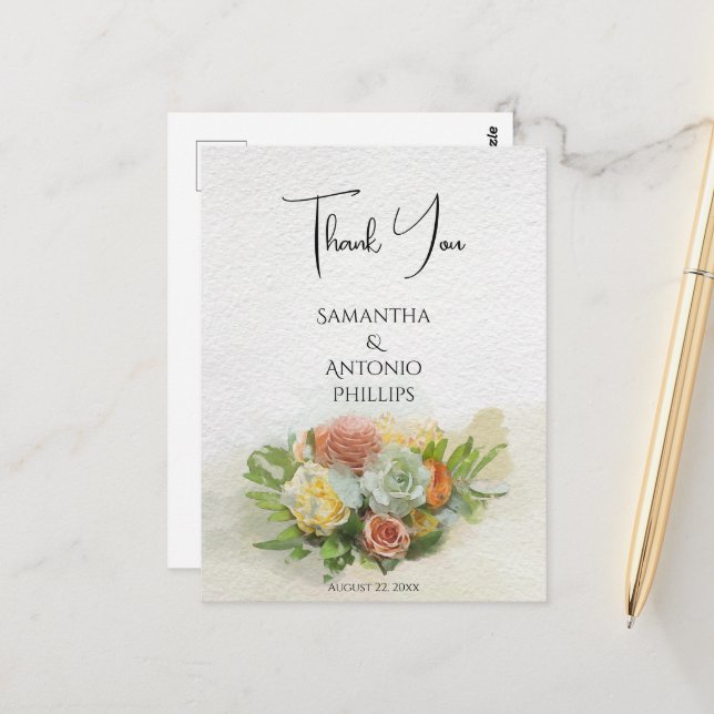 Postal Hermoso Arte de Acuarela de Ramo de Flores Gracias (Anverso/Reverso In Situ)
