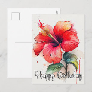 Postal Hermoso Arte de Flor de Hibisco Rojo
