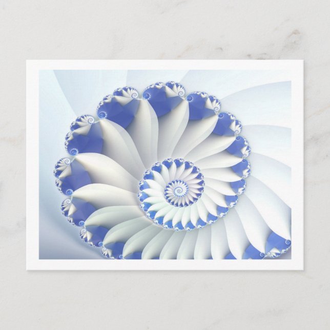 Postal Hermoso arte fractal azul y blanco de la concha de (Anverso)