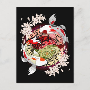 Postal Hermoso Arte Japonés Flor Pez Koi