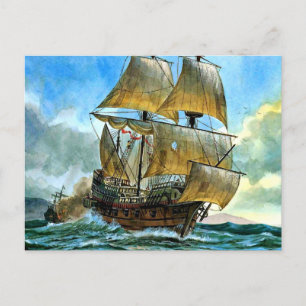 Postal hermoso barco de cuatro mástiles