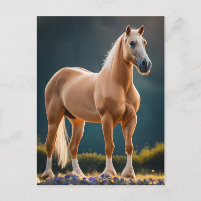 Postal Hermoso Barrio Palomino Caballo con flores (Anverso)