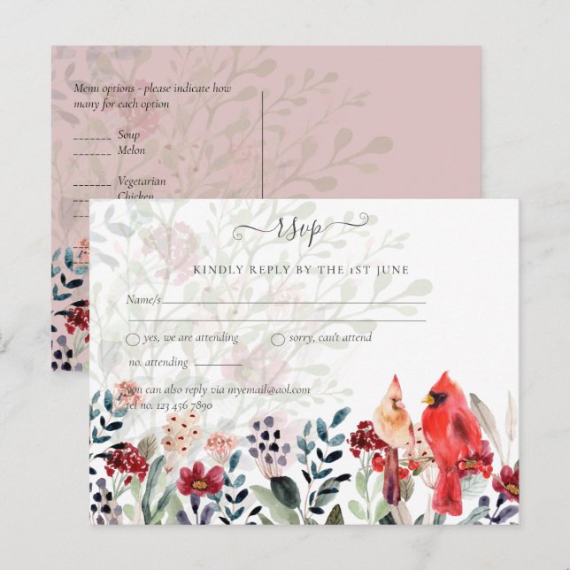 Postal Hermoso Boda de Aves CARDINALES Rojas (Anverso / Reverso)