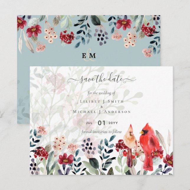 Postal Hermoso Boda de Aves CARDINALES Rojas (Anverso / Reverso)
