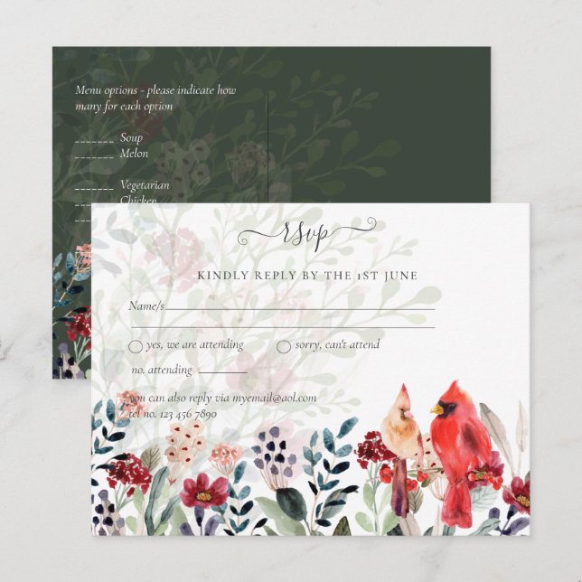 Postal Hermoso Boda de Aves CARDINALES Rojas (Anverso / Reverso)
