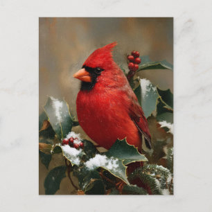 Postal Hermoso Cardenal Rojo en Acebo Nevado