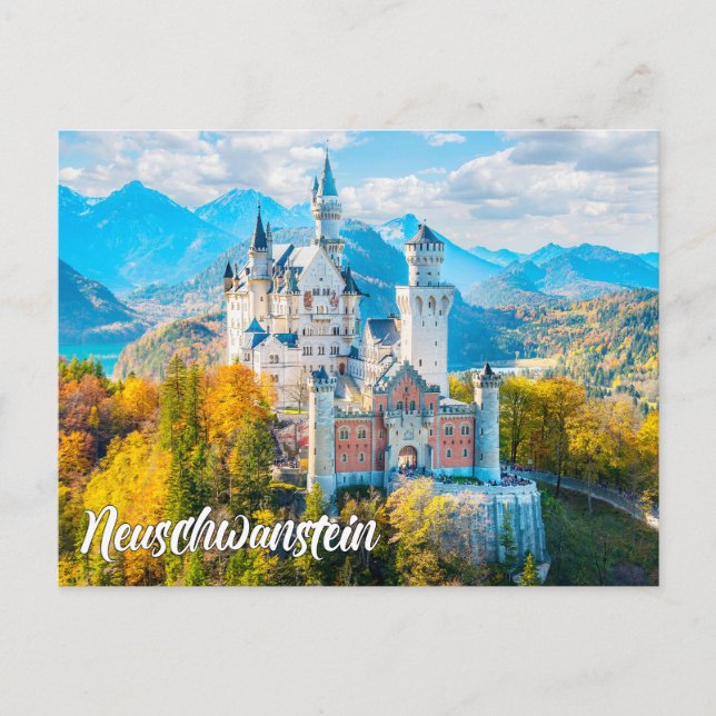 Postal Hermoso castillo de Neuschwanstein, Alemania (Anverso)