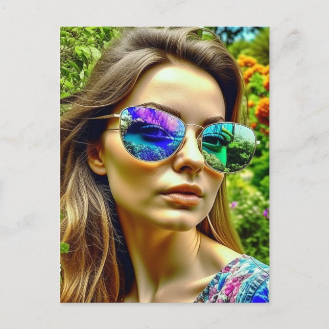 Postal Hermoso Chica con flores reflectantes de gafas de  (Anverso)