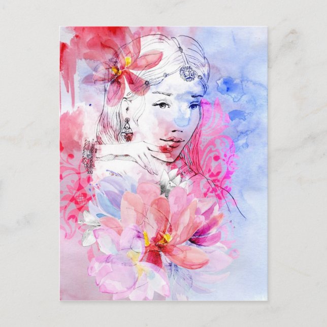 Postal Hermoso chica con un ramo de flores (Anverso)