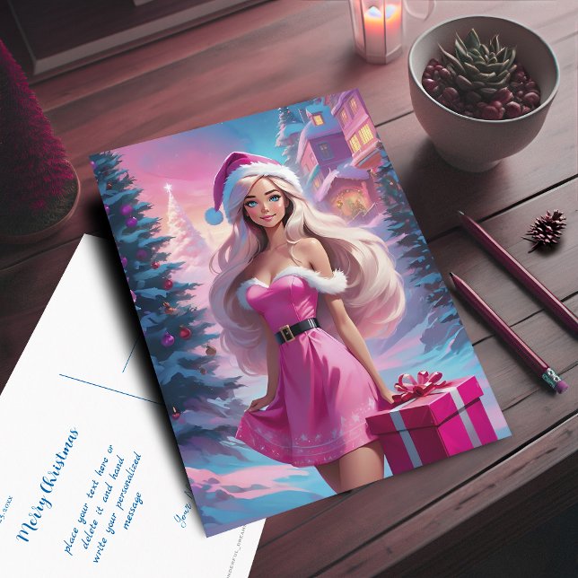 Postal Hermoso Chica de Navidades rosados 01 (Beautiful Pink Christmas Girl Postcard. Customizable with your text.)