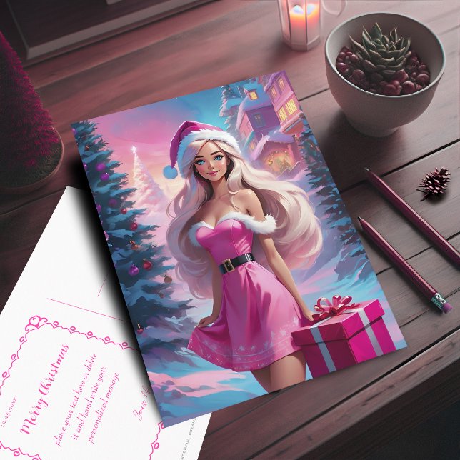 Postal Hermoso Chica de Navidades rosados 01 (Beautiful Pink Christmas Girl Postcard. Customizable with your text.)