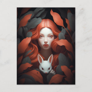 Postal Hermoso Chica De Red Haired Con Un Bunny