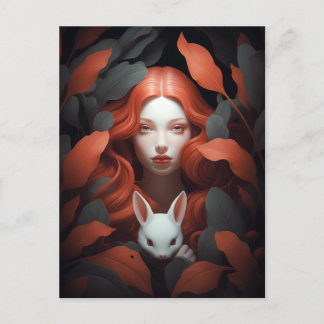 Postal Hermoso Chica De Red Haired Con Un Bunny