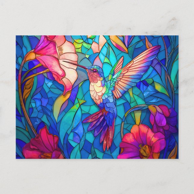 Postal Hermoso Colibrí Jardín de Flores Vidrio Manchado (Anverso)