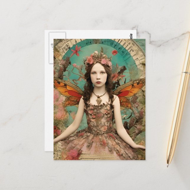 Postal Hermoso Collage de medios mixtos Fairy Vintage (Anverso/Reverso In Situ)