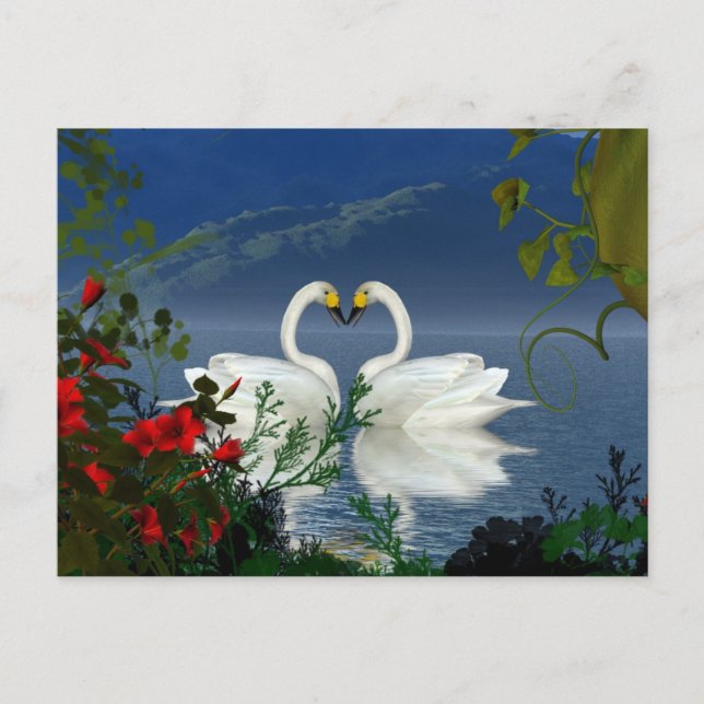 Postal Hermoso corazón cisne flores rojas 1 (Anverso)