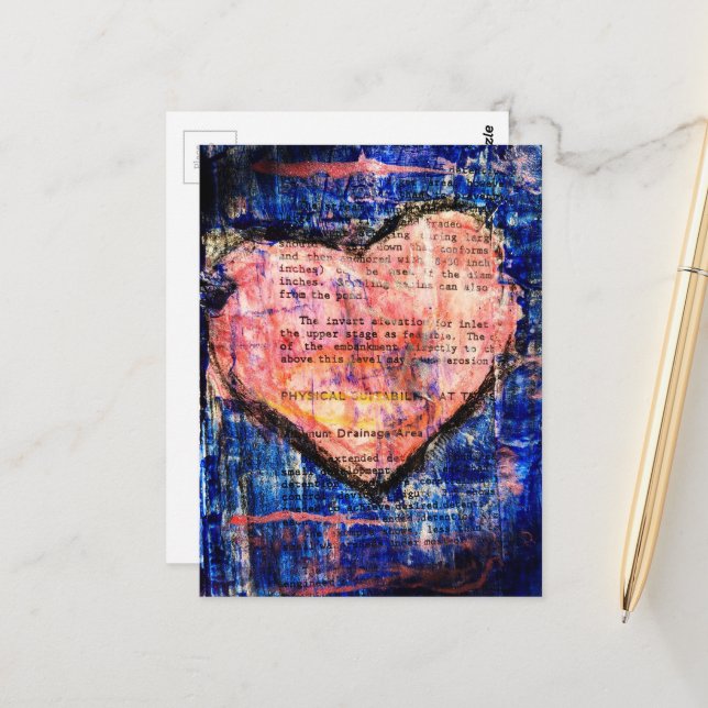 Postal Hermoso Corazón Rosa Sobre Collage De Medios Mixto (Anverso/Reverso In Situ)
