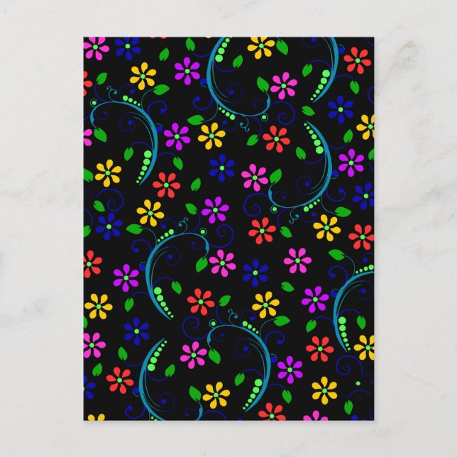 Postal Hermoso diseño floral sobre fondo negro (Anverso)