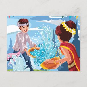 Postal Hermoso festival Songkran arroja postcar agua