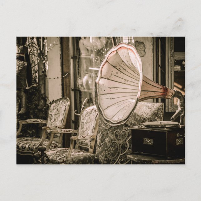 Postal Hermoso fonógrafo antiguo de estilo antiguo (Anverso)