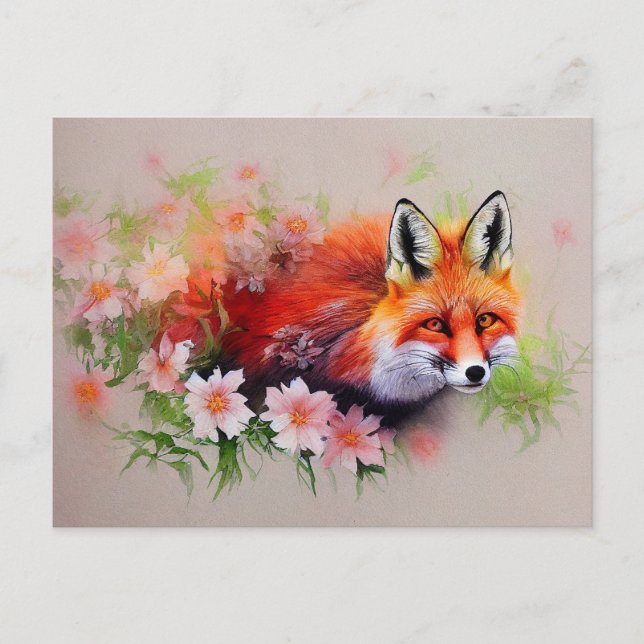 Postal Hermoso Fox en acuarela de flores (Anverso)