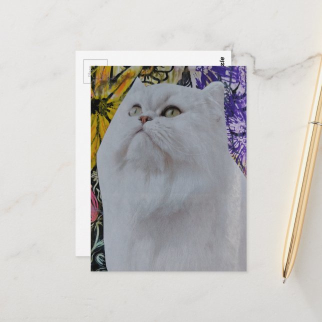 Postal Hermoso gato blanco en collage de flores (Anverso/Reverso In Situ)