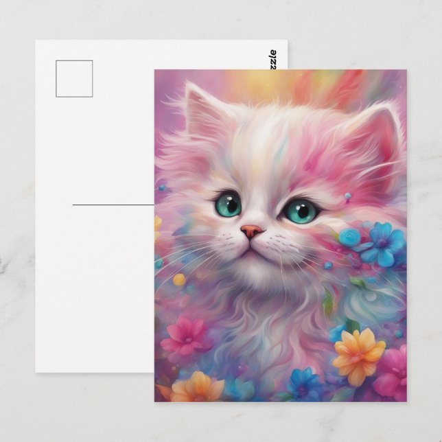 Postal Hermoso Gato Blanco Fluffy (Anverso / Reverso)