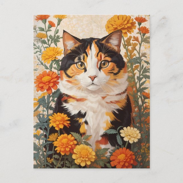 Postal Hermoso Gato Calico Con Flores Marigold (Anverso)