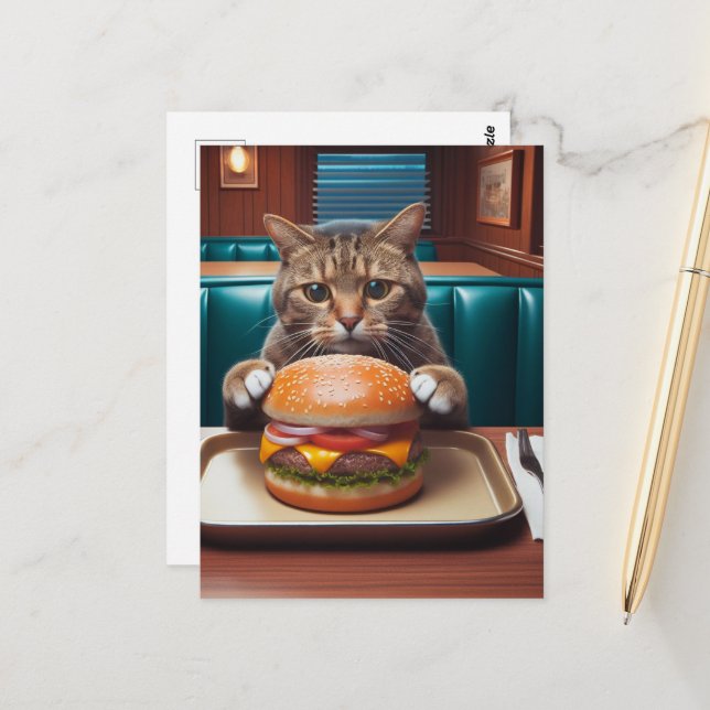 Postal Hermoso gato en una cena con hamburguesa de queso (Anverso/Reverso In Situ)