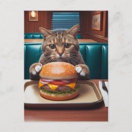 Postal Hermoso gato en una cena con hamburguesa de queso