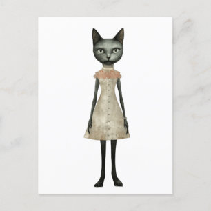 Postal Hermoso Gato Gris Blanco con vestido rosa