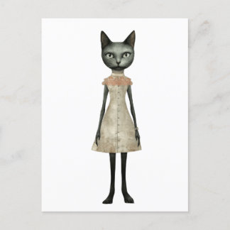 Postal Hermoso Gato Gris Blanco con vestido rosa