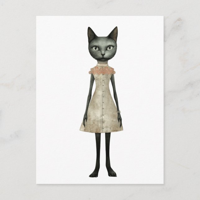 Postal Hermoso Gato Gris Blanco con vestido rosa (Anverso)