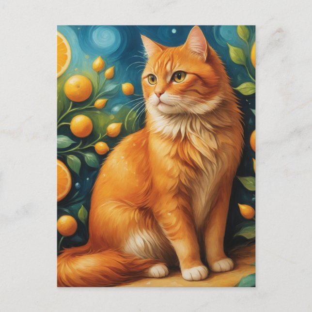 Postal Hermoso gato jengibre en un terreno Naranja (Anverso)