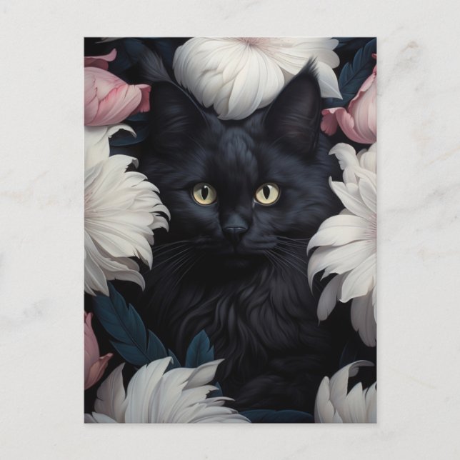 Postal Hermoso gato lindo entre flores (Anverso)