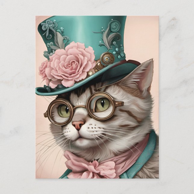 Postal Hermoso gato Steampunk (Anverso)