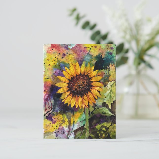 Postal Hermoso Girasol En Acuarela (Anverso de pie)