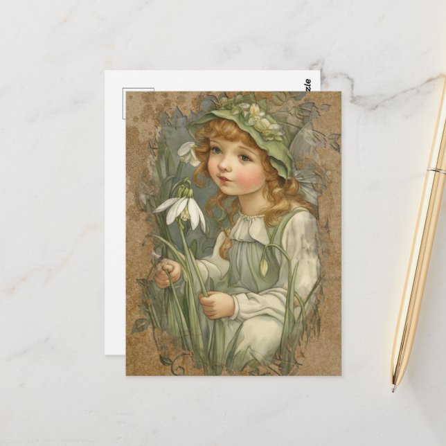 Postal Hermoso hada vintage y flores blancas (Anverso/Reverso In Situ)